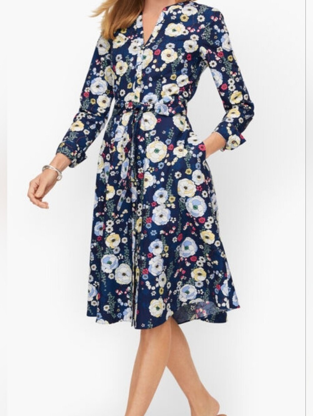 Talbot's Falling Blossoms A Line Belted Navy Based Shirt Dress SZ 8P